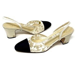 CHANEL Slingbacks White Lace & Black Grosgrain G31318 Size 42